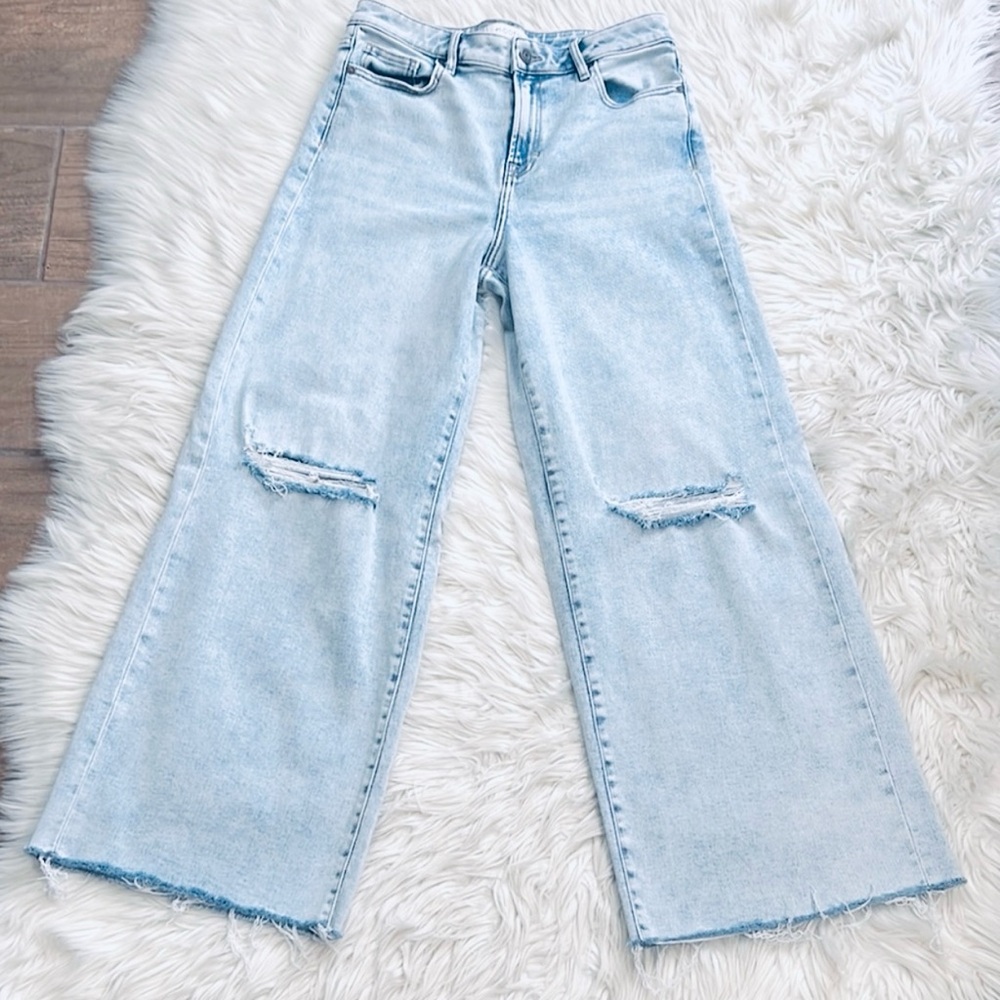 Blue Flare Wide Leg Jeans with Distressed Details